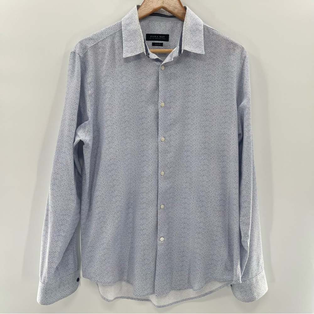 Zara Man Slim Fit Blue Floral Button Up Long Sleeve Mens Shirt Size Large Preppy